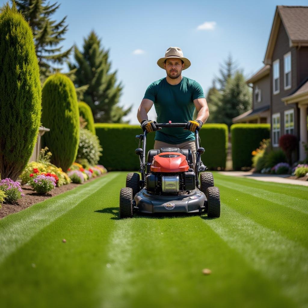 Man performing a grass mowing service