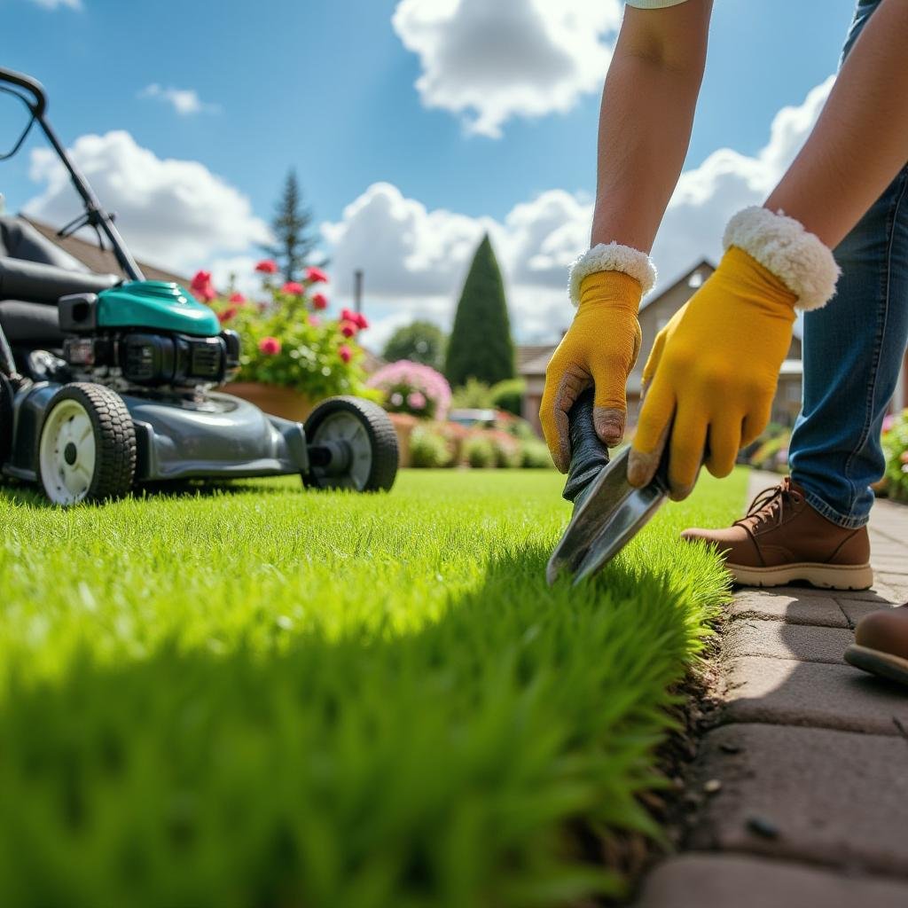 person with gloves doing lawn care