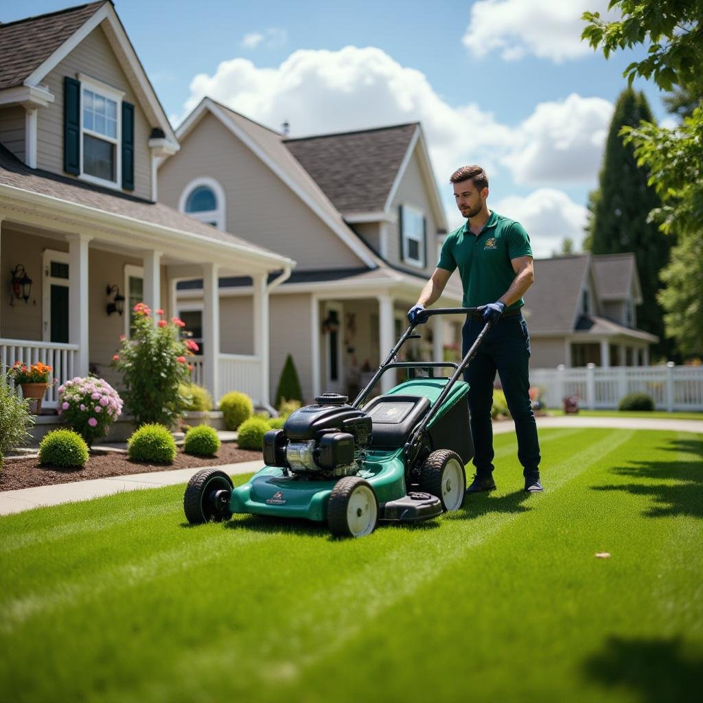 Man providing a lawn cutting service at a home in surrey