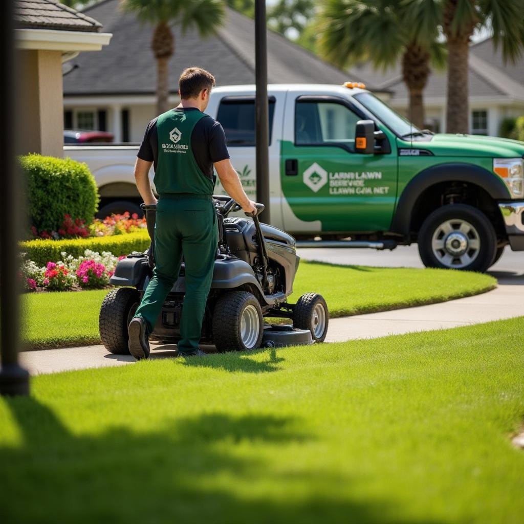 Man pushing a mower from a Lawn Care Company