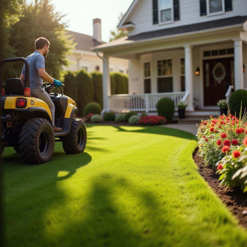 Man ride on mower performing lawn maintenance services in homeowners garden