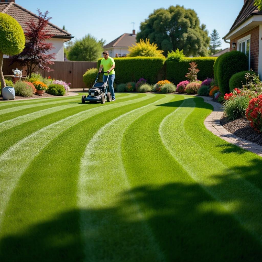 Lawn Maintenance - main pushing a lawnmower cutting the grass