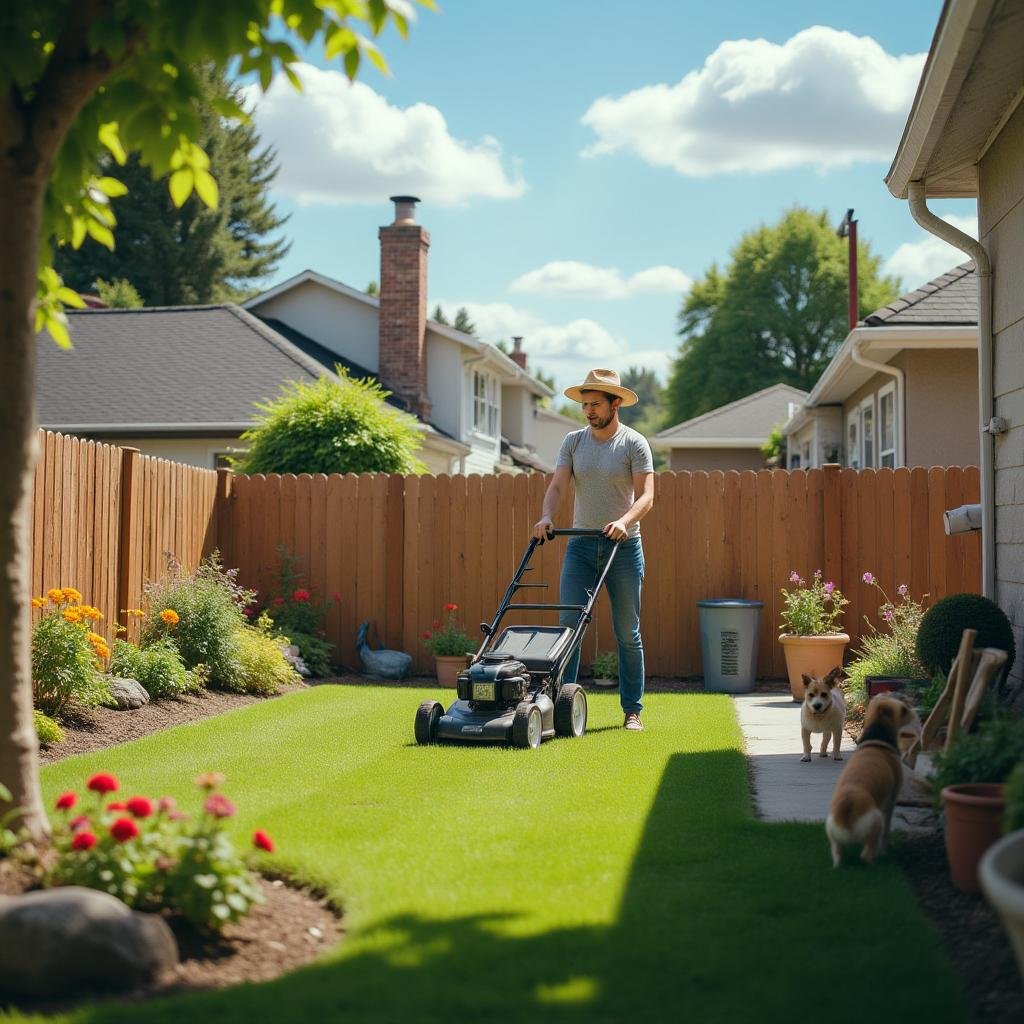 Man doing lawn work in a residential garden