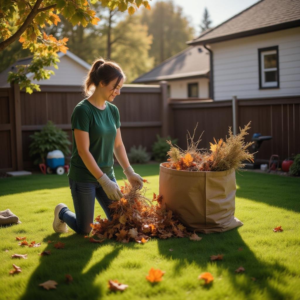 Woman performing lawn cleanup services