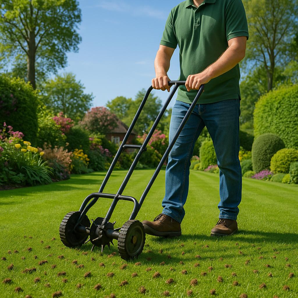 Man performing Lawn Aeration service in a garden in Surrey