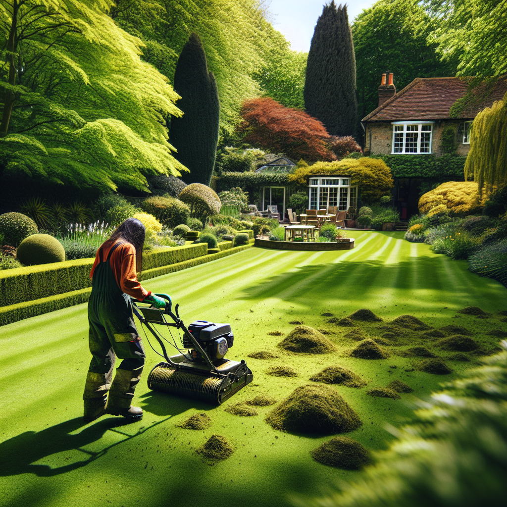 Man performing a Lawn Scarification service in Surrey garden