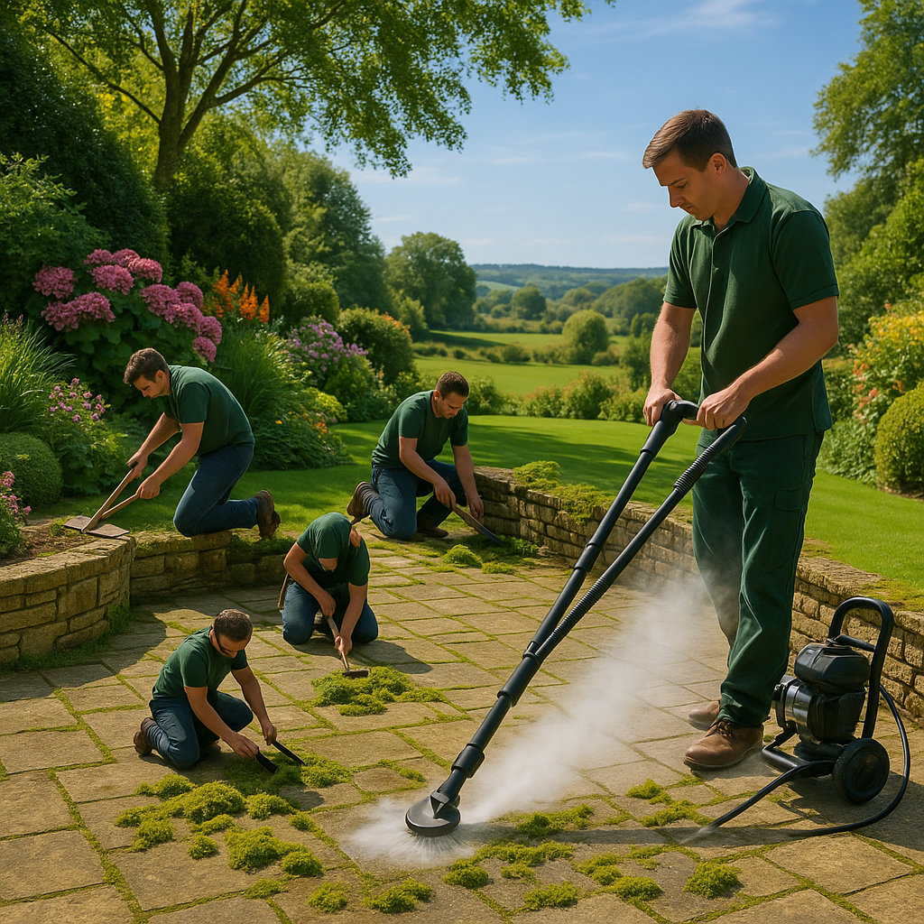 A team of professionals is actively engaged in moss removal surrey from a stone patio and garden walls.