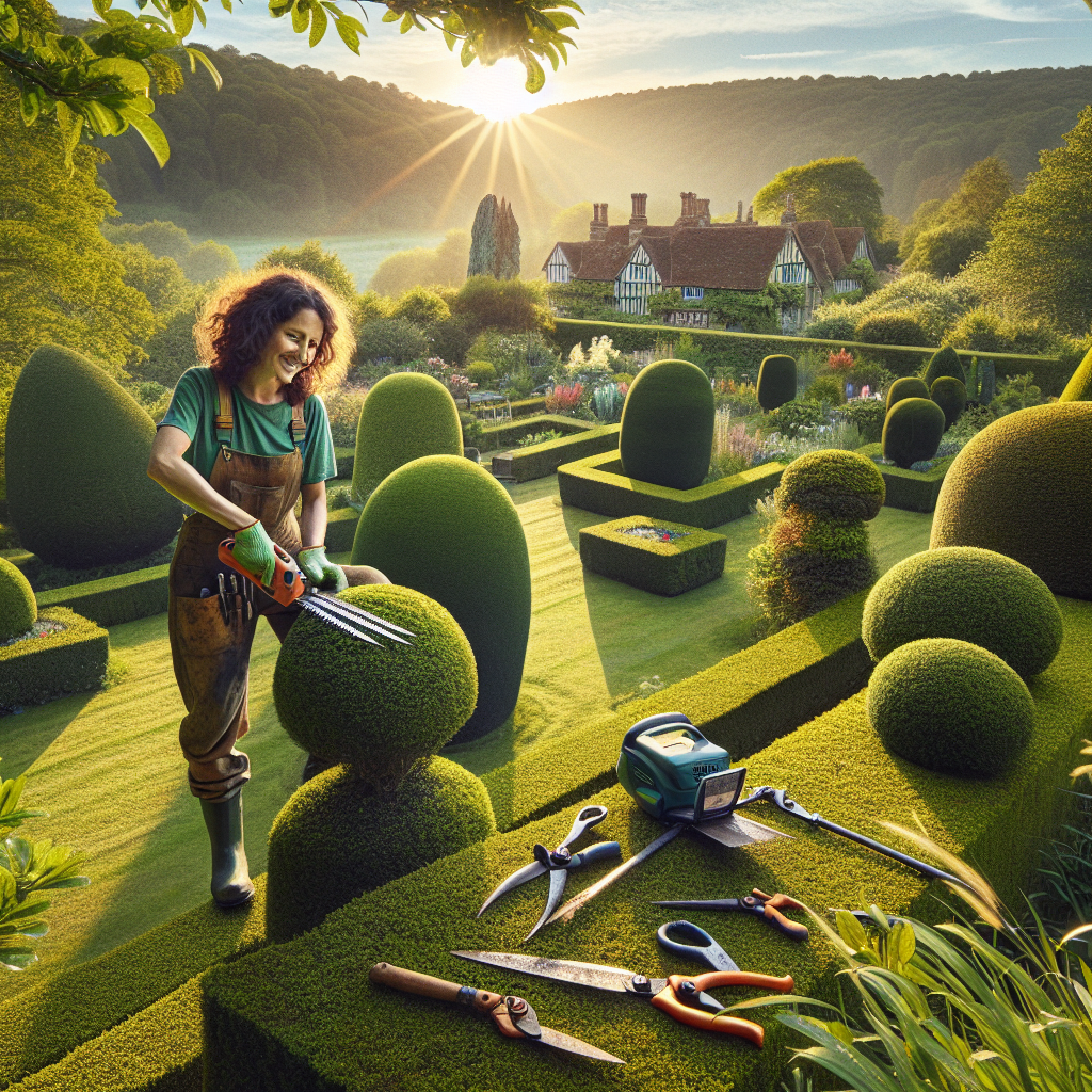 Lady carrying out Hedge Cutting in Surrey garden